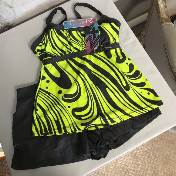 Two Piece Swimsuit Tankini Yellow Grey Gray Bright - Picture 2 of 8